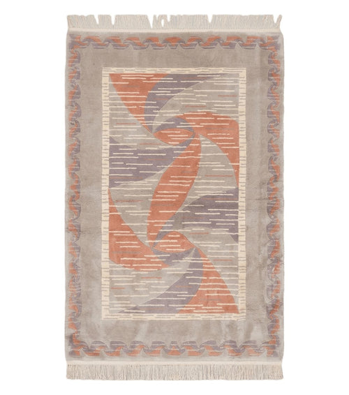 3' X 5' Handmade Modern Chinese Accent Rug - Silk on Cotton Carpet - Abstract Contemporary Design - Beige and Orange