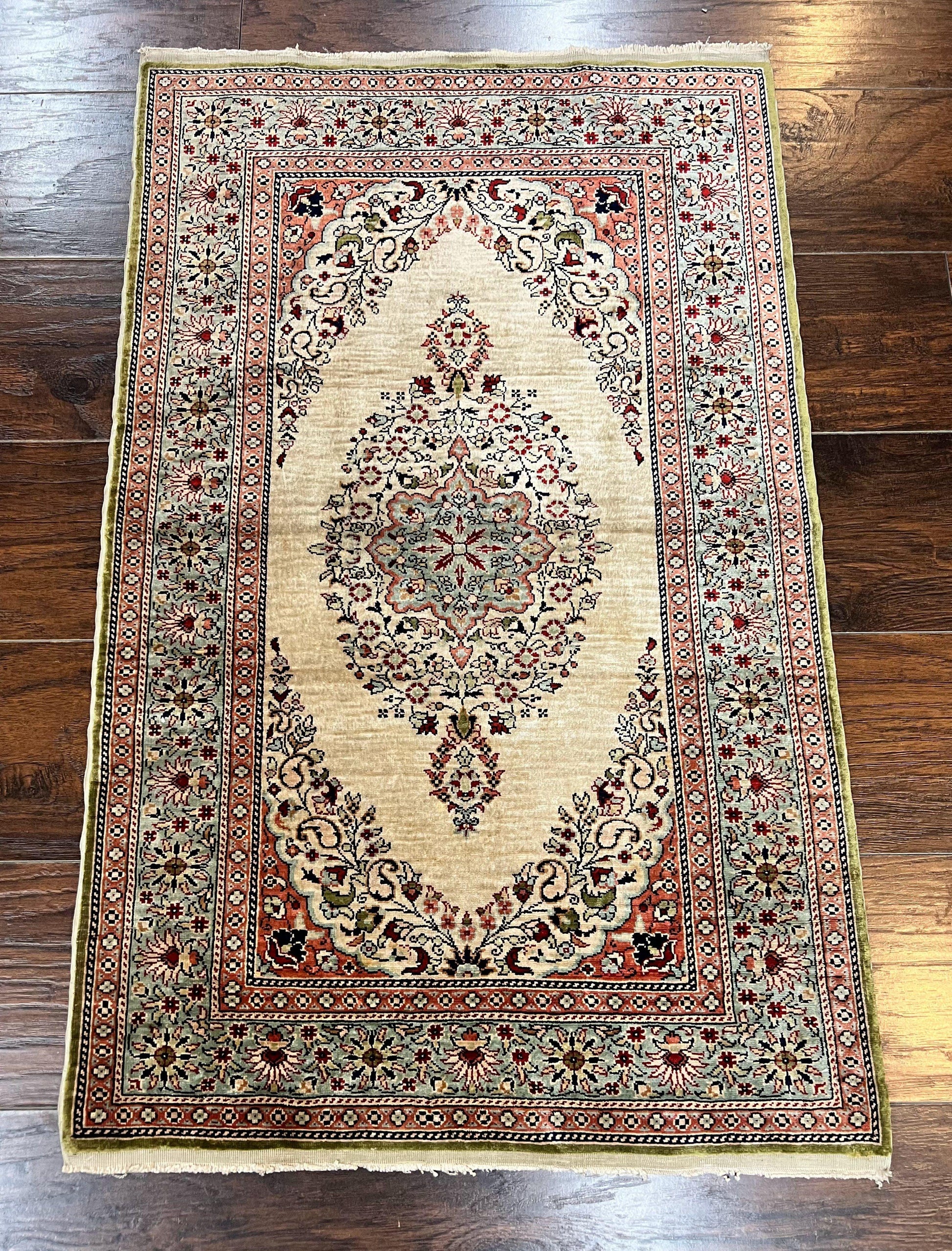 Silk Turkish Kayseri Rug 2x3, Very Finely Hand Knotted, Semi Open Field, Vintage, Silk Pile on Silk Foundation, 300 KPSI - Nuvé
