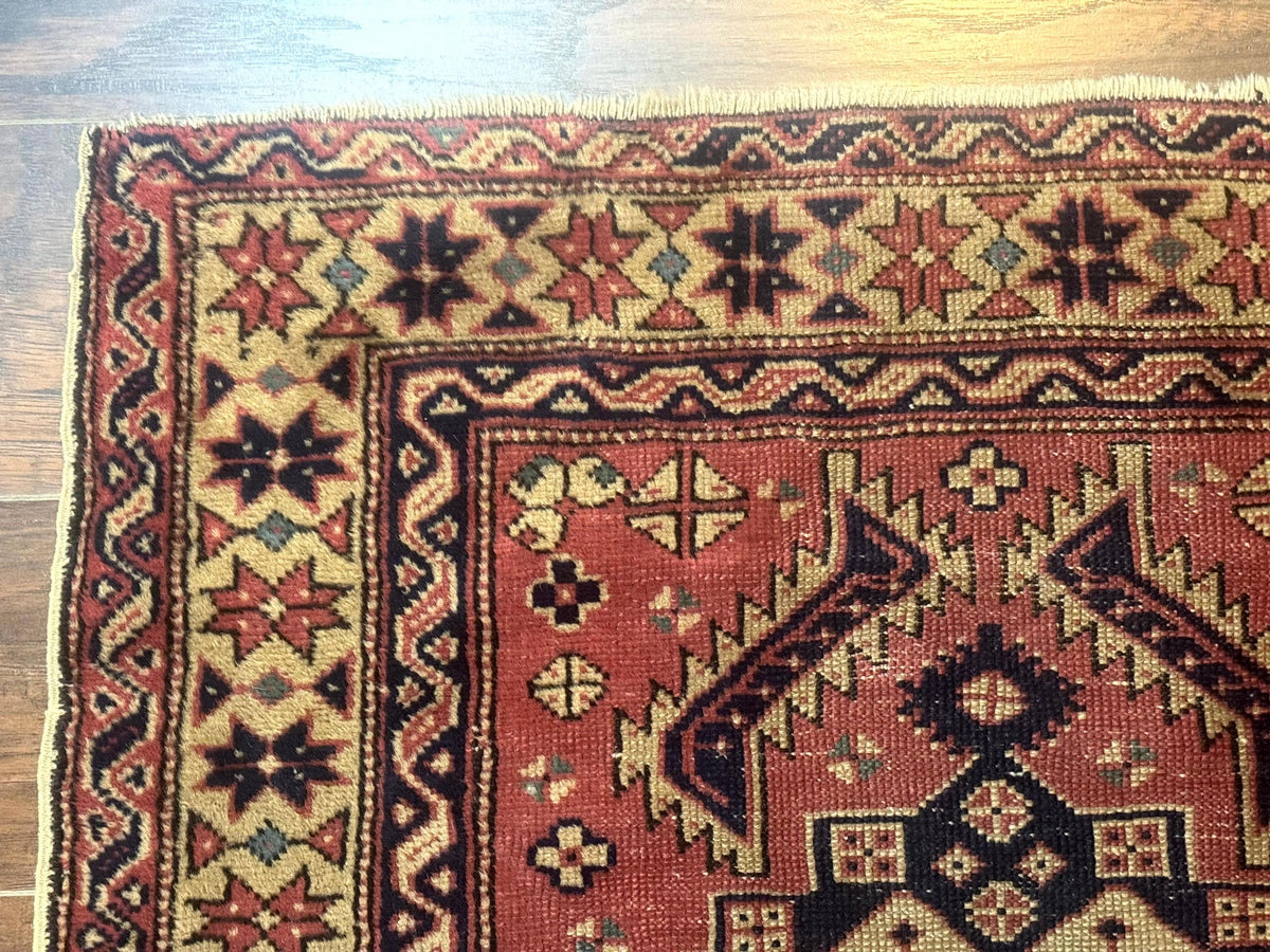 Antique Turkish Sparta Rug 3x6, Geometric Caucasian Kazak Pattern, Handmade