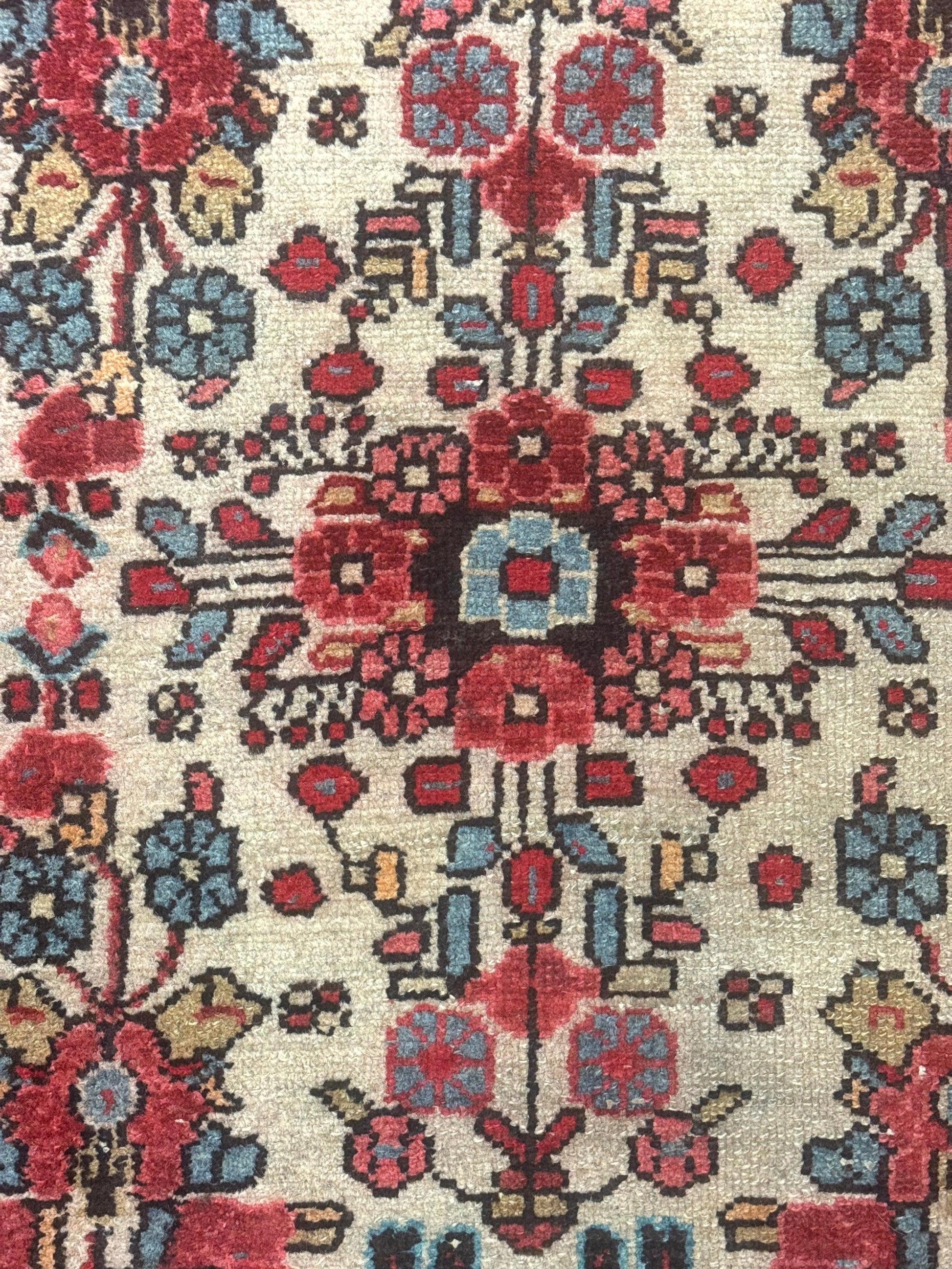 Small Antique Persian Rug 2x3, Beige and Red, Floral, Wool, Hamadan Rug - Nuvé
