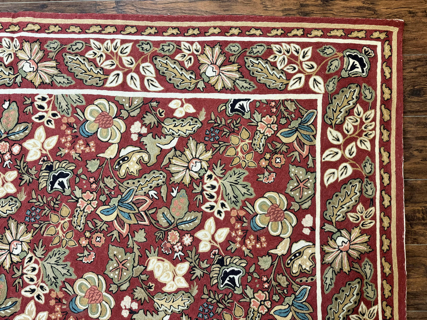 Indian Hand Stitched Rug 8x10, Large Vintage Floral Handmade Carpet, Dark Red Multicolor