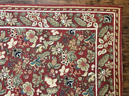 Indian Hand Stitched Rug 8x10, Large Vintage Floral Handmade Carpet, Dark Red Multicolor
