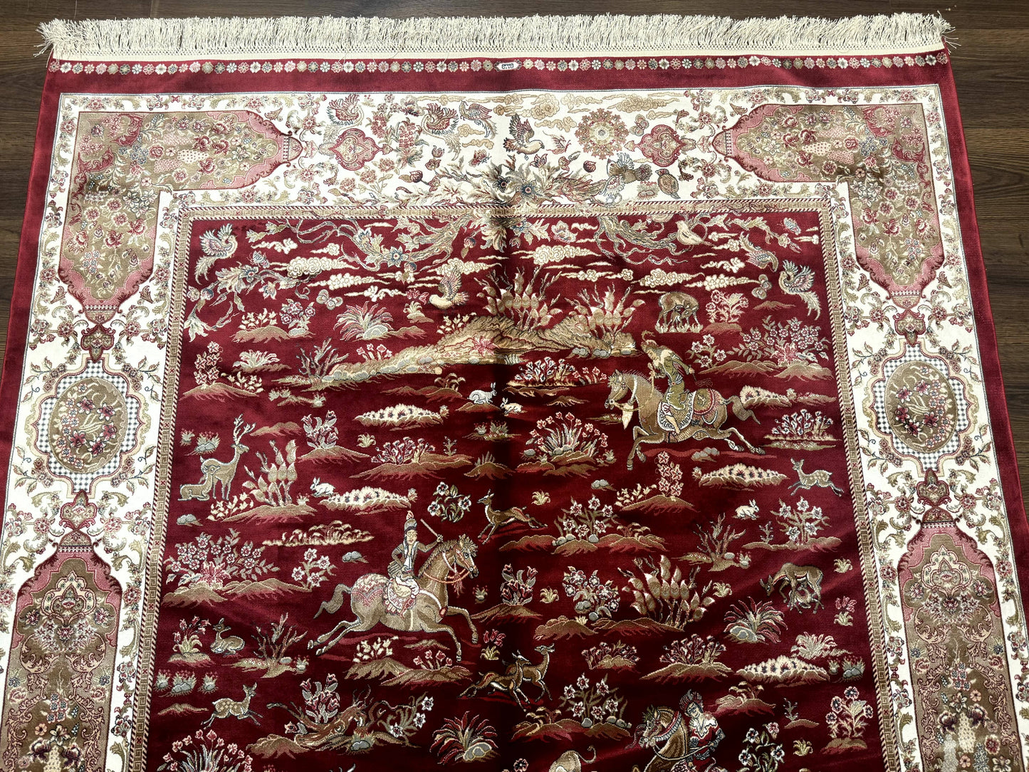 Turkish Silk Hunting Scene Rug 5 x 7.6, Red & Ivory, Bamboo Silk, New - Nuvé