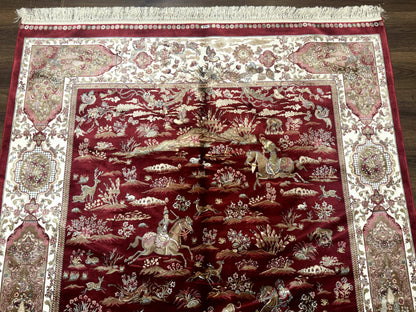 Turkish Silk Hunting Scene Rug 5 x 7.6, Red & Ivory, Bamboo Silk, New - Nuvé