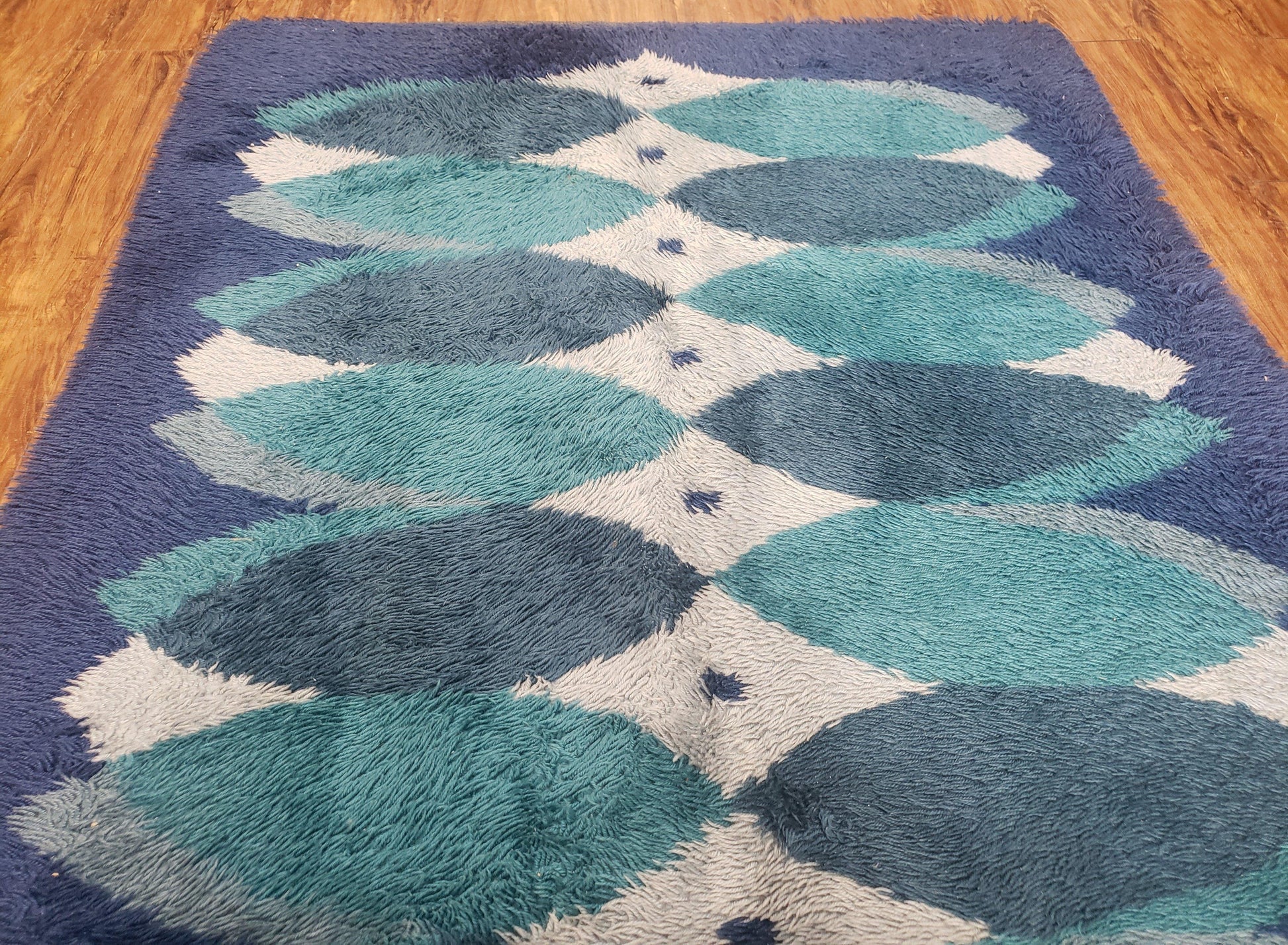 Blue Rya Rug, 1960s Mid-Century Danish Shag Rug 4'6" x 6'7", Ege Rya Modern Carpet, Cyan DeLuxe Rya Shag Rug, Vintage Area Rug 4x6, 5x7 Rug - Nuvé