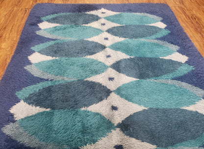 Blue Rya Rug, 1960s Mid-Century Danish Shag Rug 4'6" x 6'7", Ege Rya Modern Carpet, Cyan DeLuxe Rya Shag Rug, Vintage Area Rug 4x6, 5x7 Rug - Nuvé