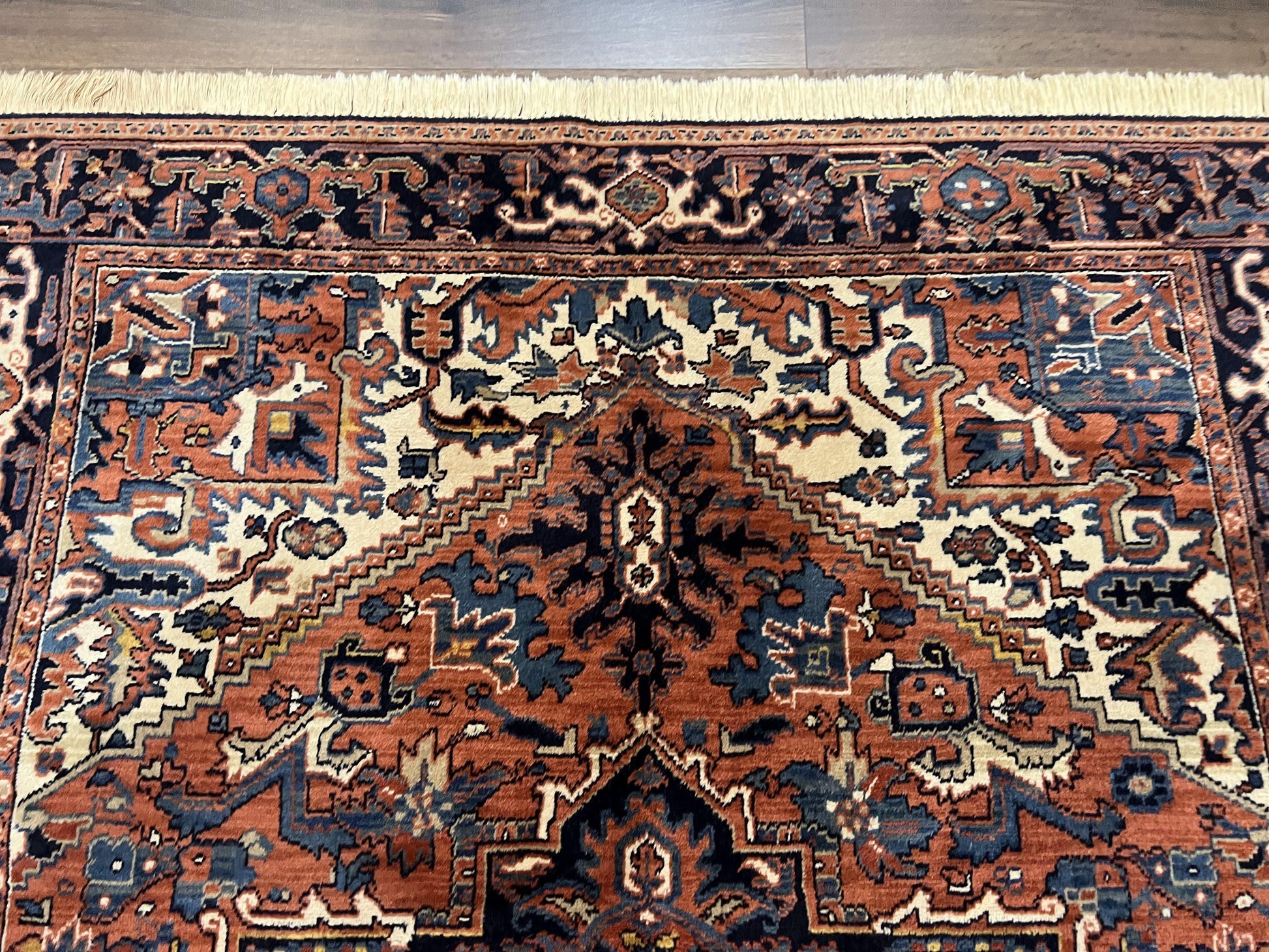 Heriz Rug 5.6 x 8, Geometric Medallion, Wool Oriental Carpet, Tribal Boho Rug, Red Navy Blue Cream, Belgium Power Loomed Rug, Medium Sized - Nuvé