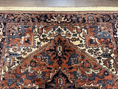 Heriz Rug 5.6 x 8, Geometric Medallion, Wool Oriental Carpet, Tribal Boho Rug, Red Navy Blue Cream, Belgium Power Loomed Rug, Medium Sized - Nuvé