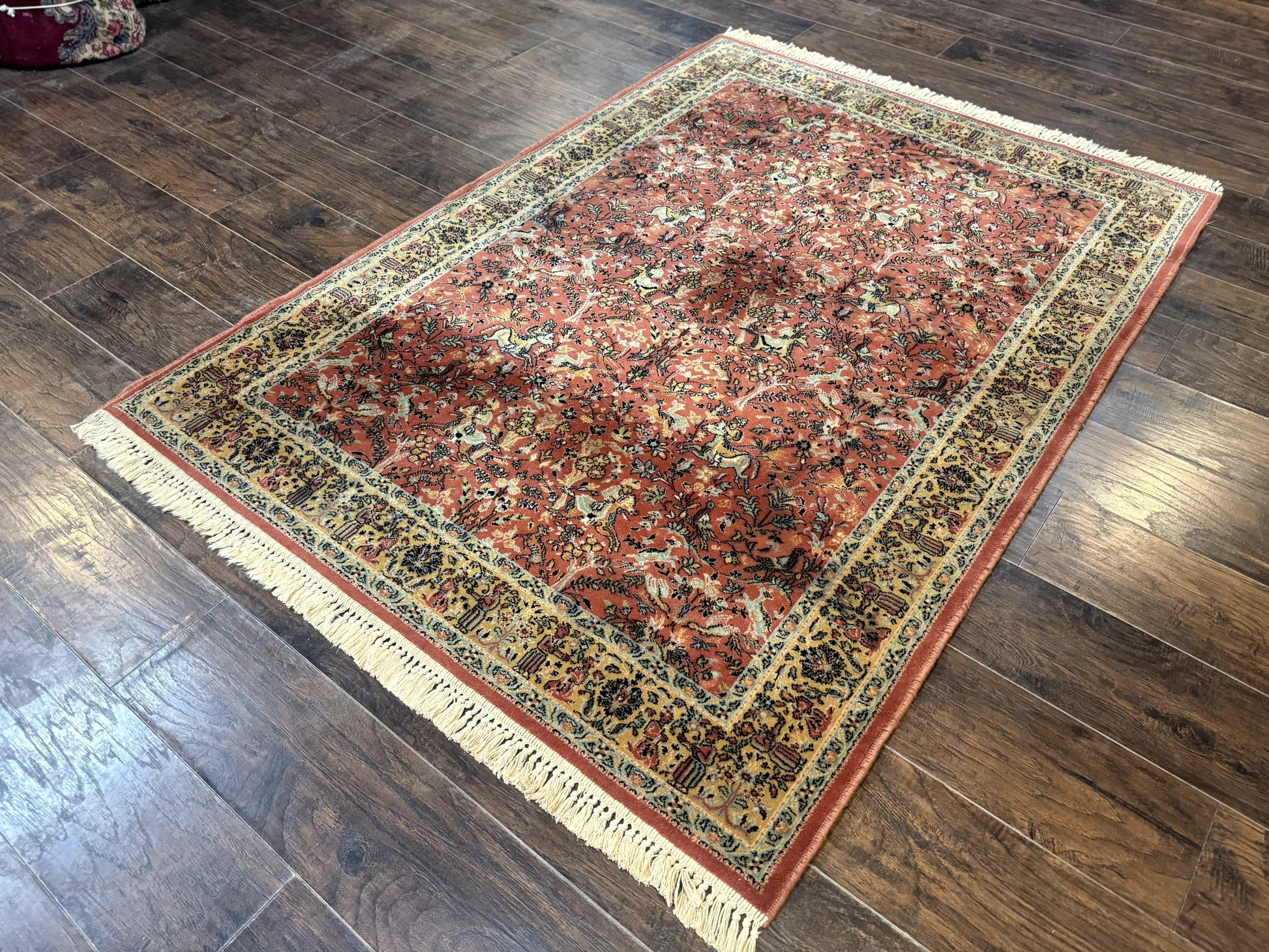 Persian Hunting Design Rug 4.7 x 6.5, Hunting Scene, Red-Orange, Wool, Belgian Power Loomed Carpet - Nuvé