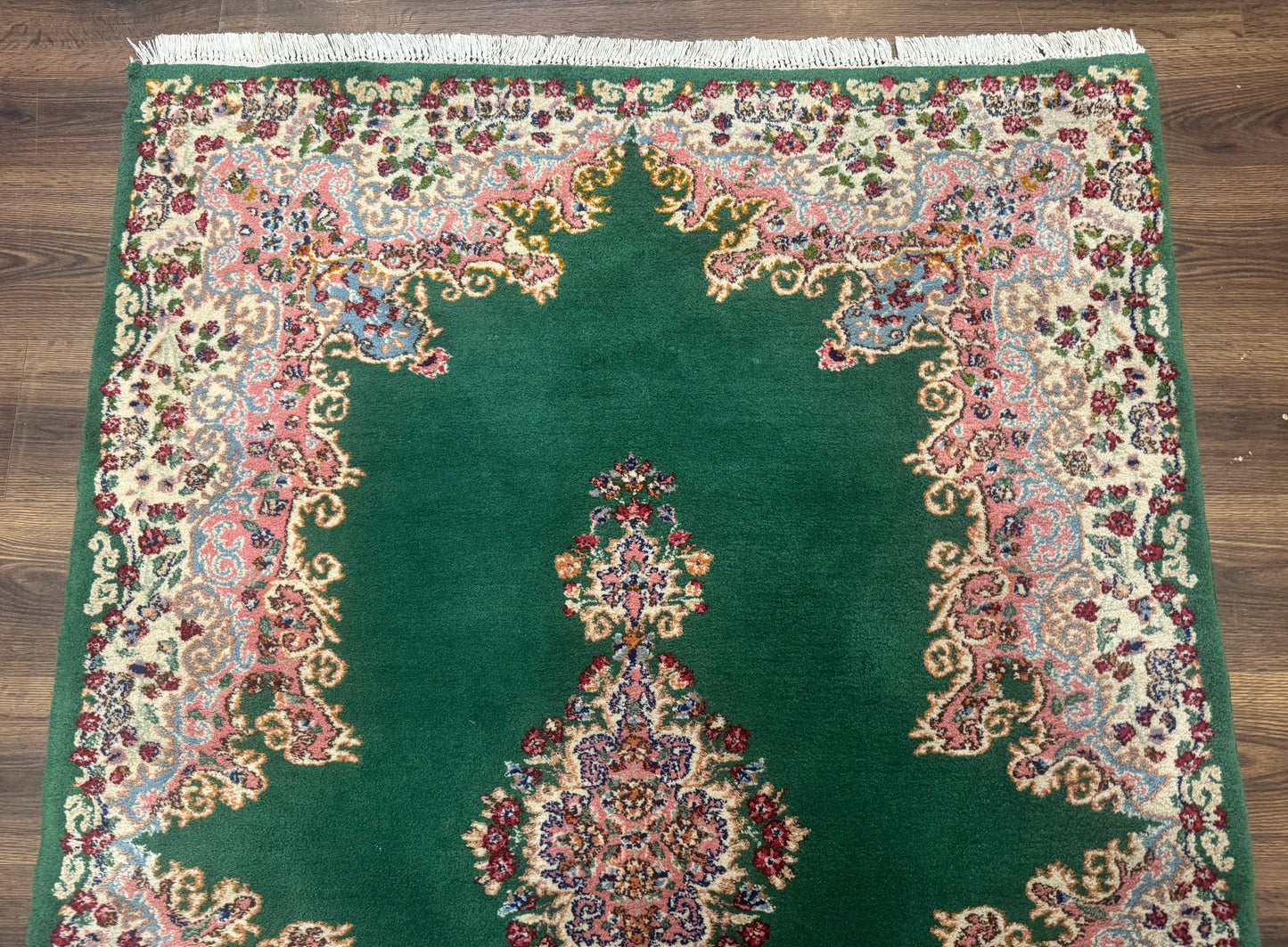 Green Persian Kerman Rug 4x6, Semi Open Field, Green & Cream, Vintage - Nuvé