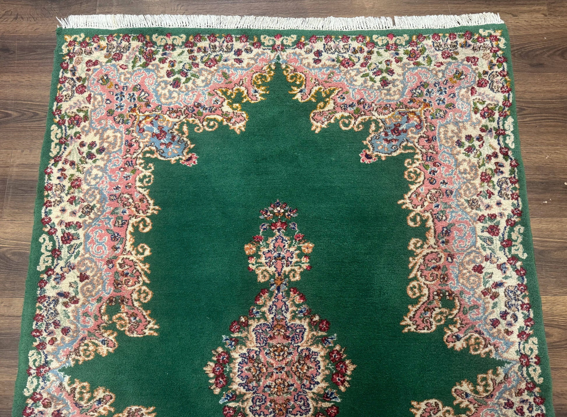 Green Persian Kerman Rug 4x6, Semi Open Field, Green & Cream, Vintage - Nuvé