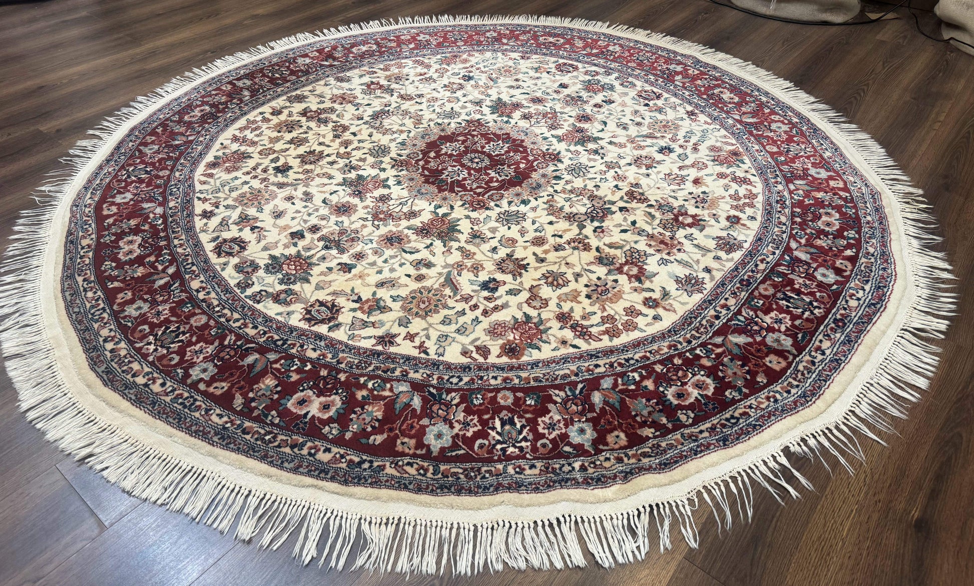 Round Sino Persian Rug 8x8, Wool and Silk, Floral Medallion, Ivory Dark Red - Nuvé