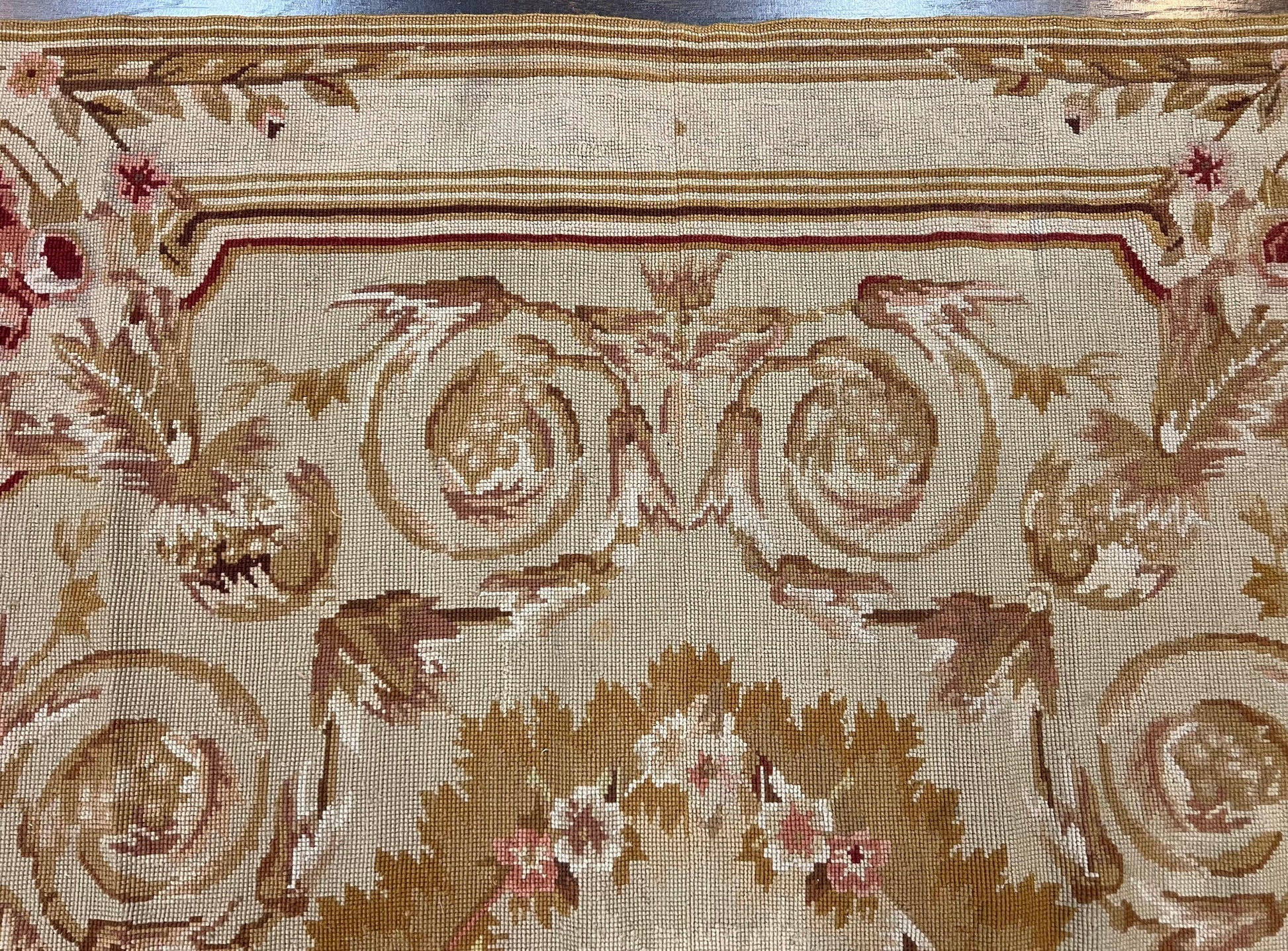 Aubusson Needlepoint Rug 4x5 ft, Beige and Tan, Aubusson Savonnerie Vintage Carpet, Handwoven Handmade Wool Rug, European Design Floral Rose - Nuvé