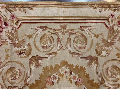 Aubusson Needlepoint Rug 4x5 ft, Beige and Tan, Aubusson Savonnerie Vintage Carpet, Handwoven Handmade Wool Rug, European Design Floral Rose - Nuvé