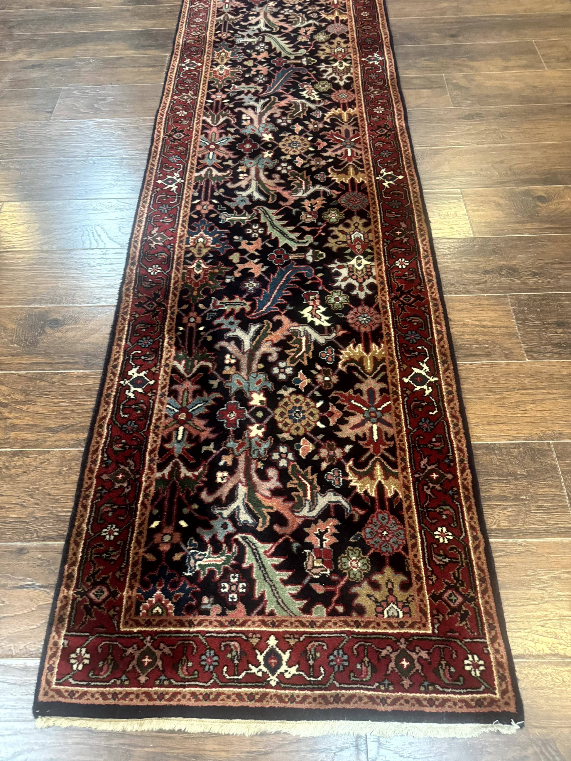 Indo Persian Runner Rug 2.7 x 13, Navy Blue and Red, Allover Floral, Wool, 13ft Runner - Nuvé