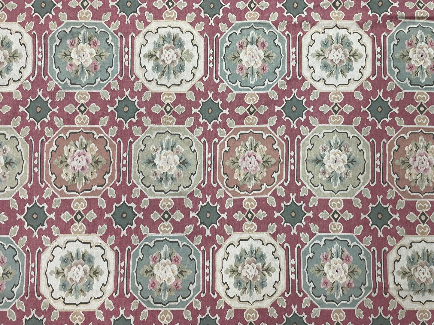 9x9 Square Rug Hand Knotted, Needlepoint Aubusson Carpet, Blush Red, Beige, Green, New, Mint Condition Area Rug, English European Design - Nuvé
