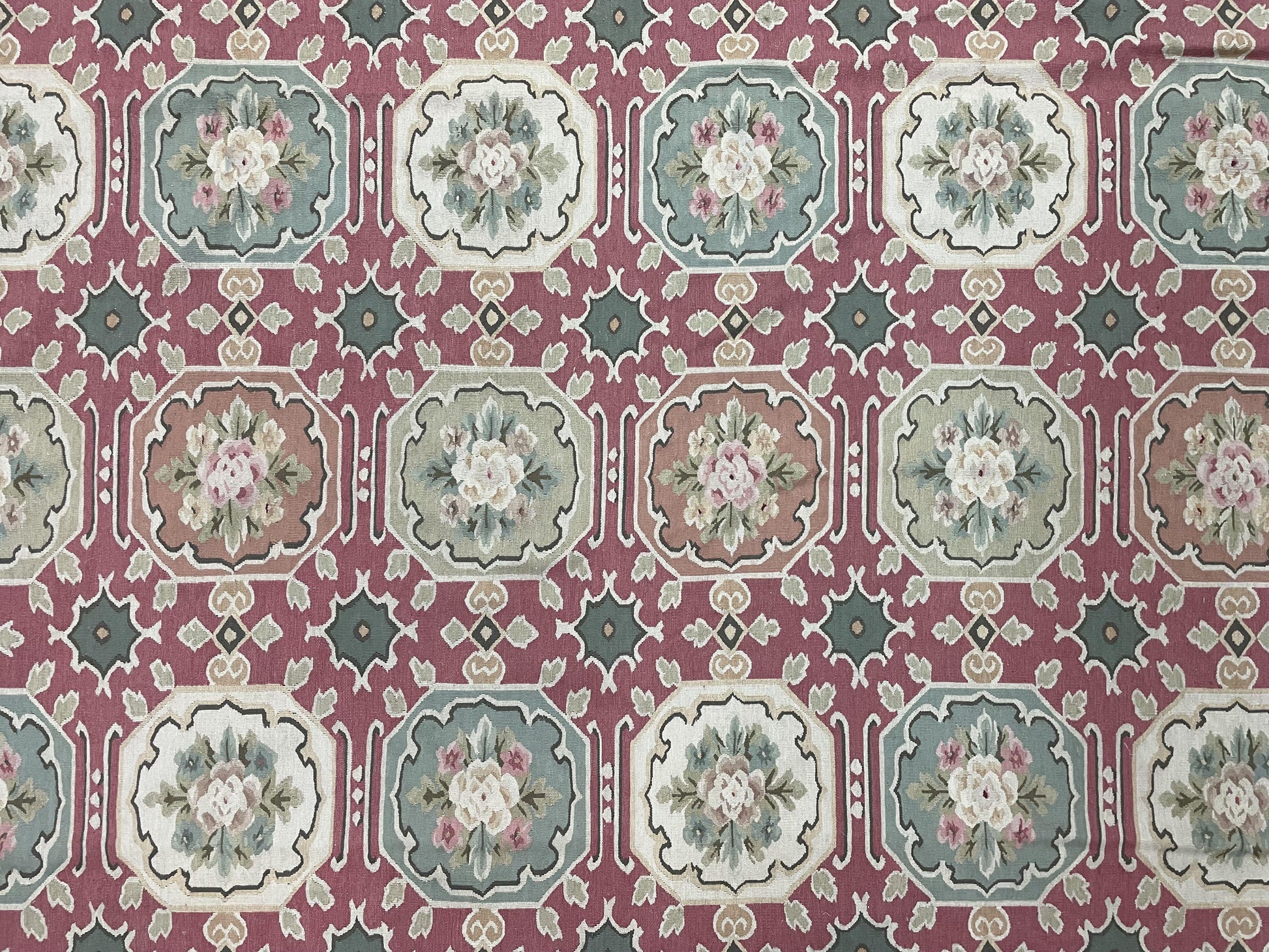 9x9 Square Rug Hand Knotted, Needlepoint Aubusson Carpet, Blush Red, Beige, Green, New, Mint Condition Area Rug, English European Design - Nuvé