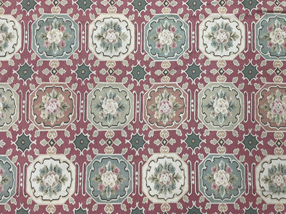 9x9 Square Rug Hand Knotted, Needlepoint Aubusson Carpet, Blush Red, Beige, Green, New, Mint Condition Area Rug, English European Design - Nuvé