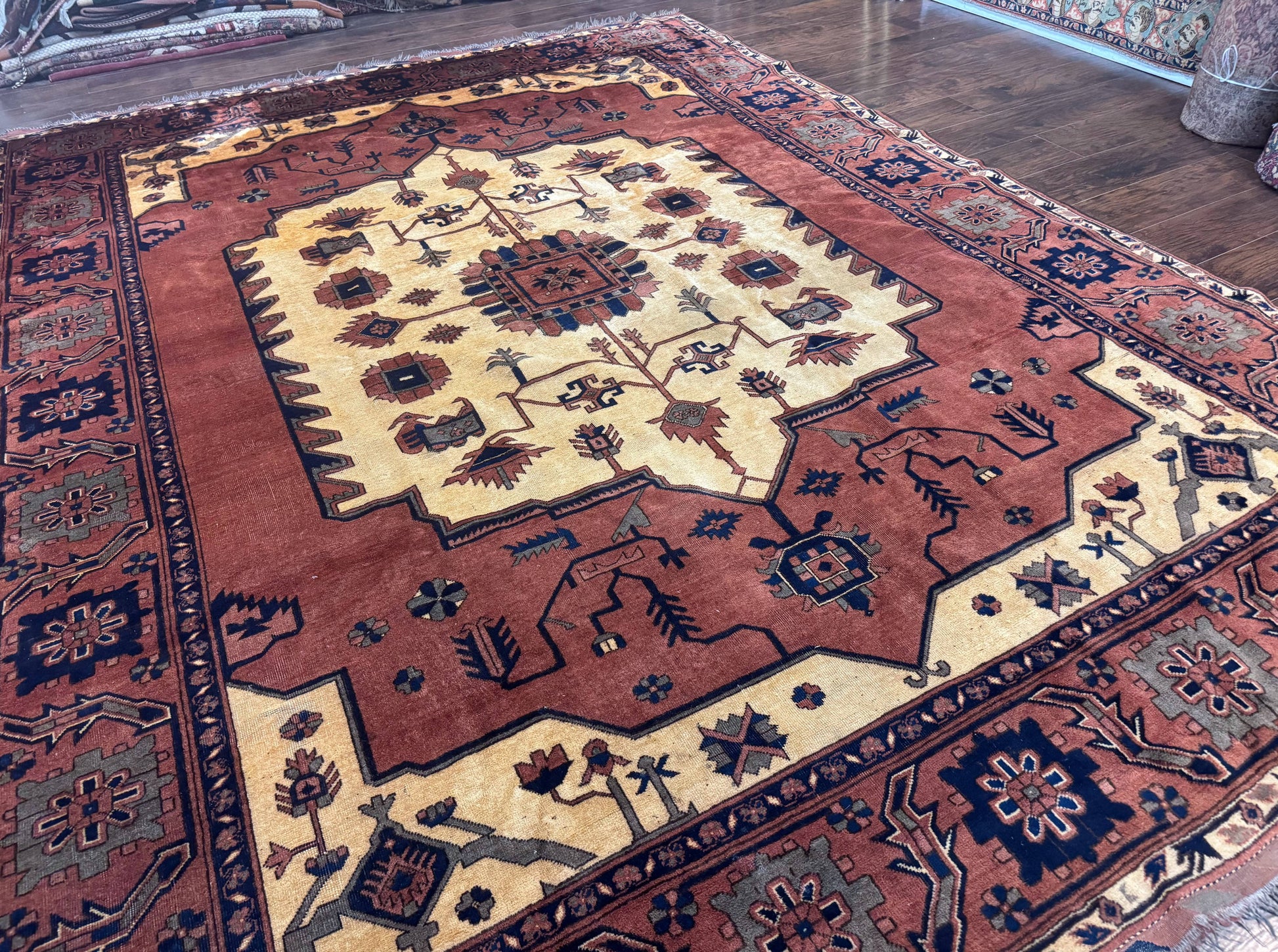 Afghan Heriz Rug 9x12, Tribal Geometric Serapi Carpet, Rust Cream and Navy, Wool on Wool - Nuvé