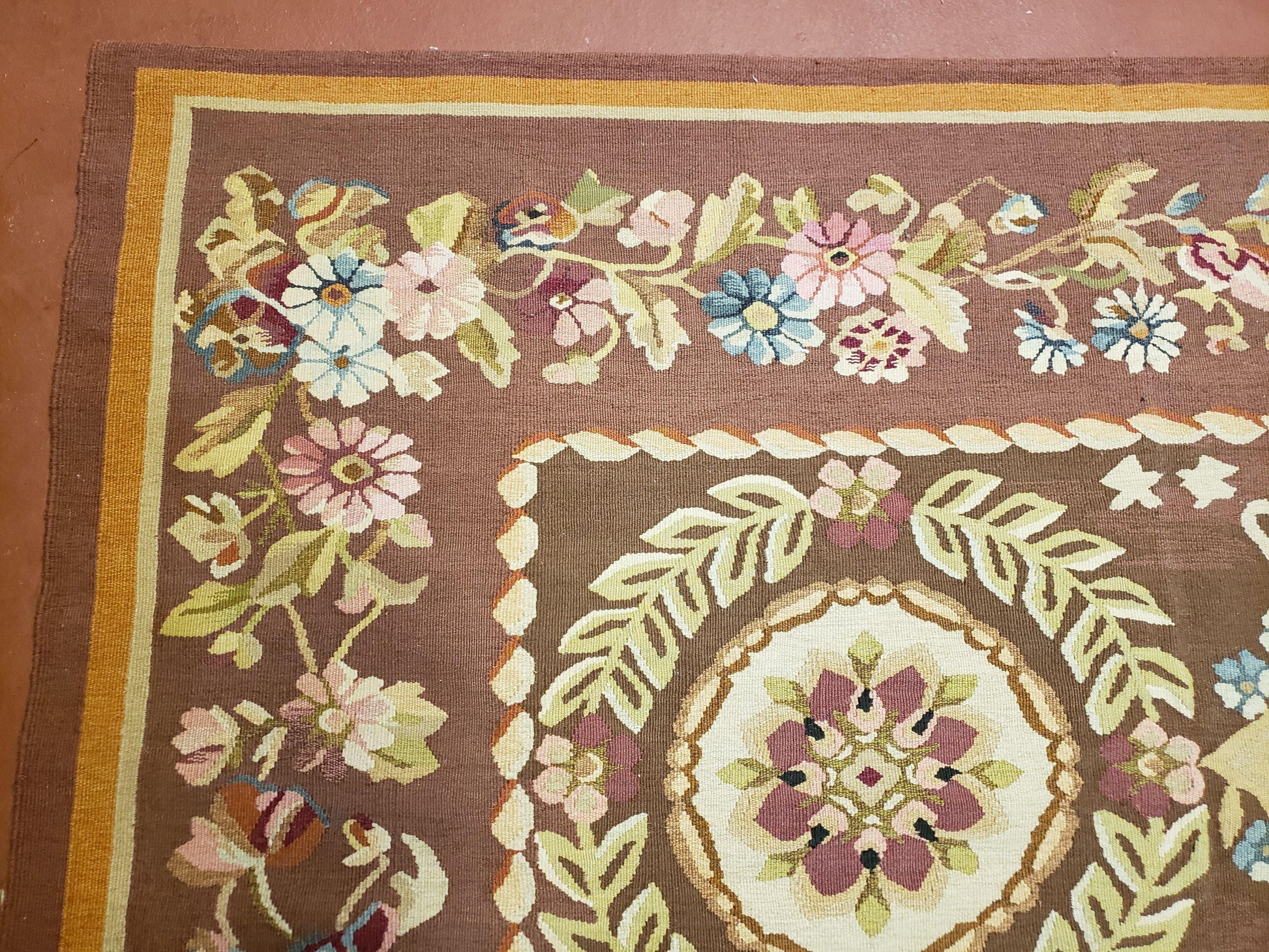 Aubusson Rug 6 x 9 Flat Weave Area Carpet European Design Flowers New Brown Rug Handmade Wool Hand-Knotted Aubusson Weave Medium Rug 6x9 - Nuvé