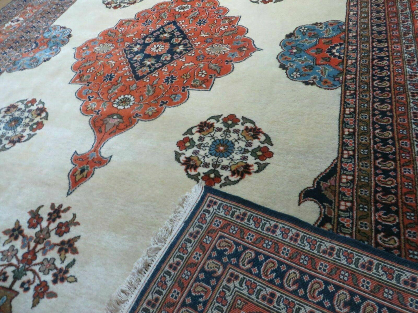 Indo Persian Rug 9x12, Semi Open Field Medallion, Ivory Tomato Red Navy Blue, Hand Knotted Indian Oriental Wool Carpet 9 x 12 ft, Room Sized - Nuvé