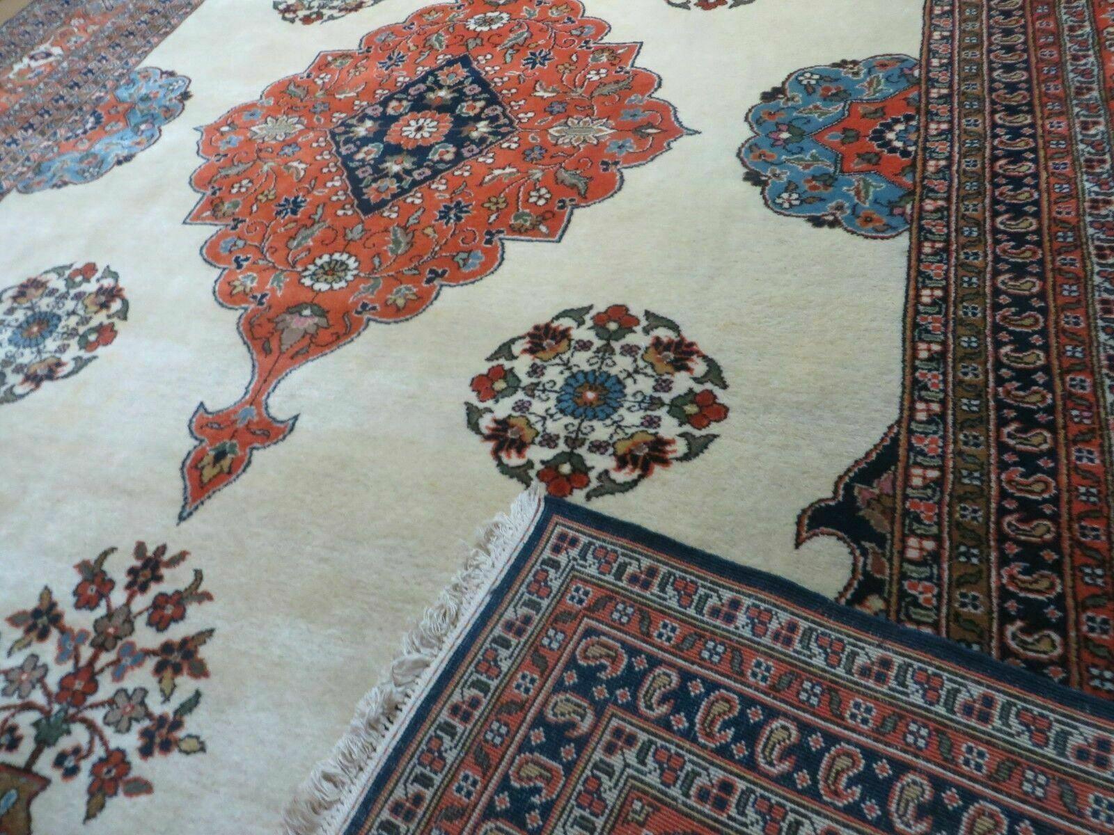 Indo Persian Rug 9x12, Semi Open Field Medallion, Ivory Tomato Red Navy Blue, Hand Knotted Indian Oriental Wool Carpet 9 x 12 ft, Room Sized - Nuvé