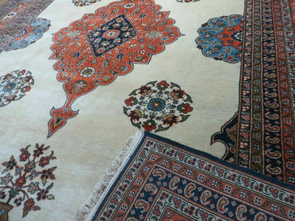 Indo Persian Rug 9x12, Semi Open Field Medallion, Ivory Tomato Red Navy Blue, Hand Knotted Indian Oriental Wool Carpet 9 x 12 ft, Room Sized - Nuvé