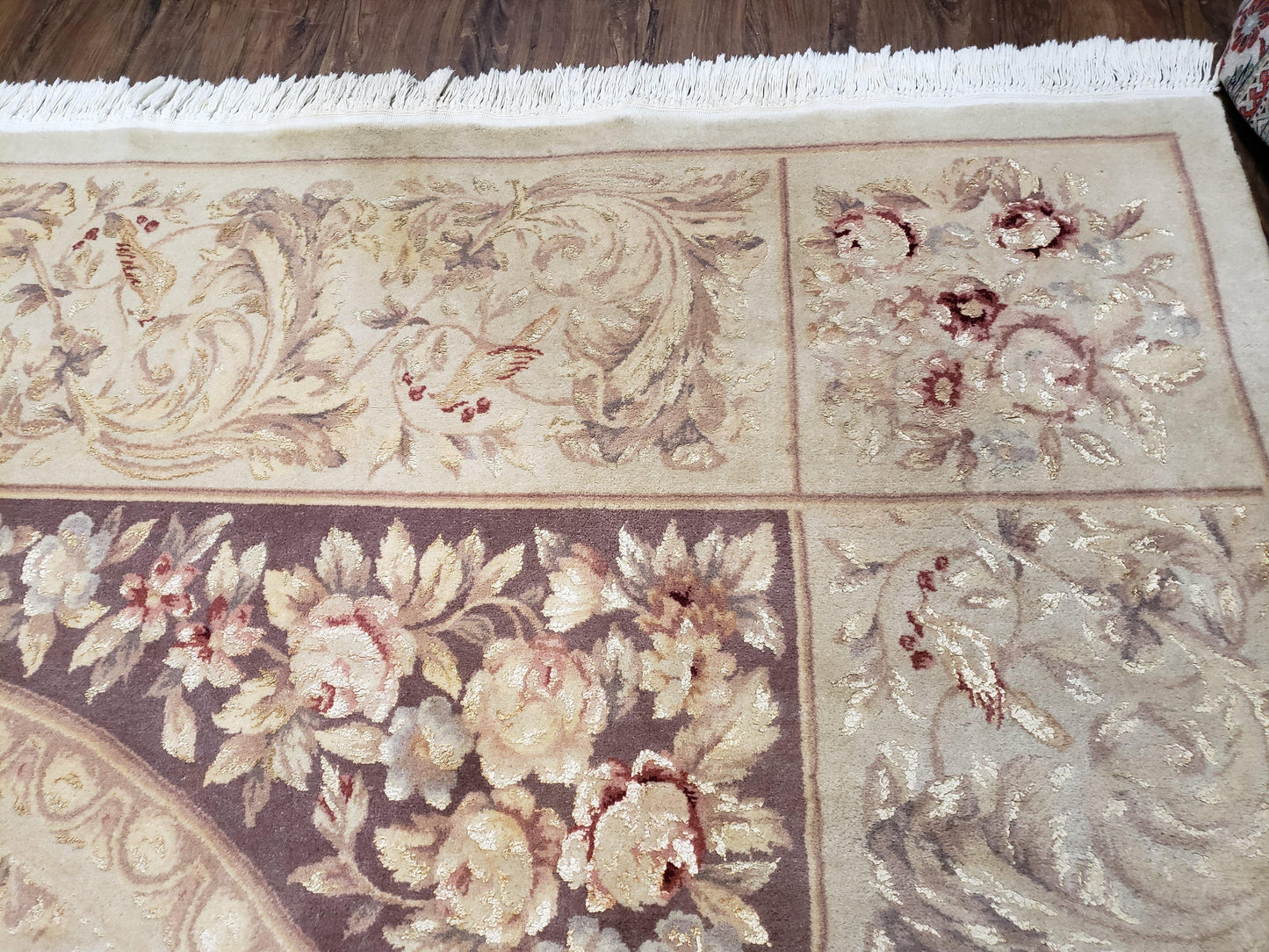 Chinese Aubusson Savonnerie Area Rug 8x12, Vintage 120 Line Carpet, Wool and Silk Hand-Knotted, Birds Flowers Master Weaver Signature - Nuvé