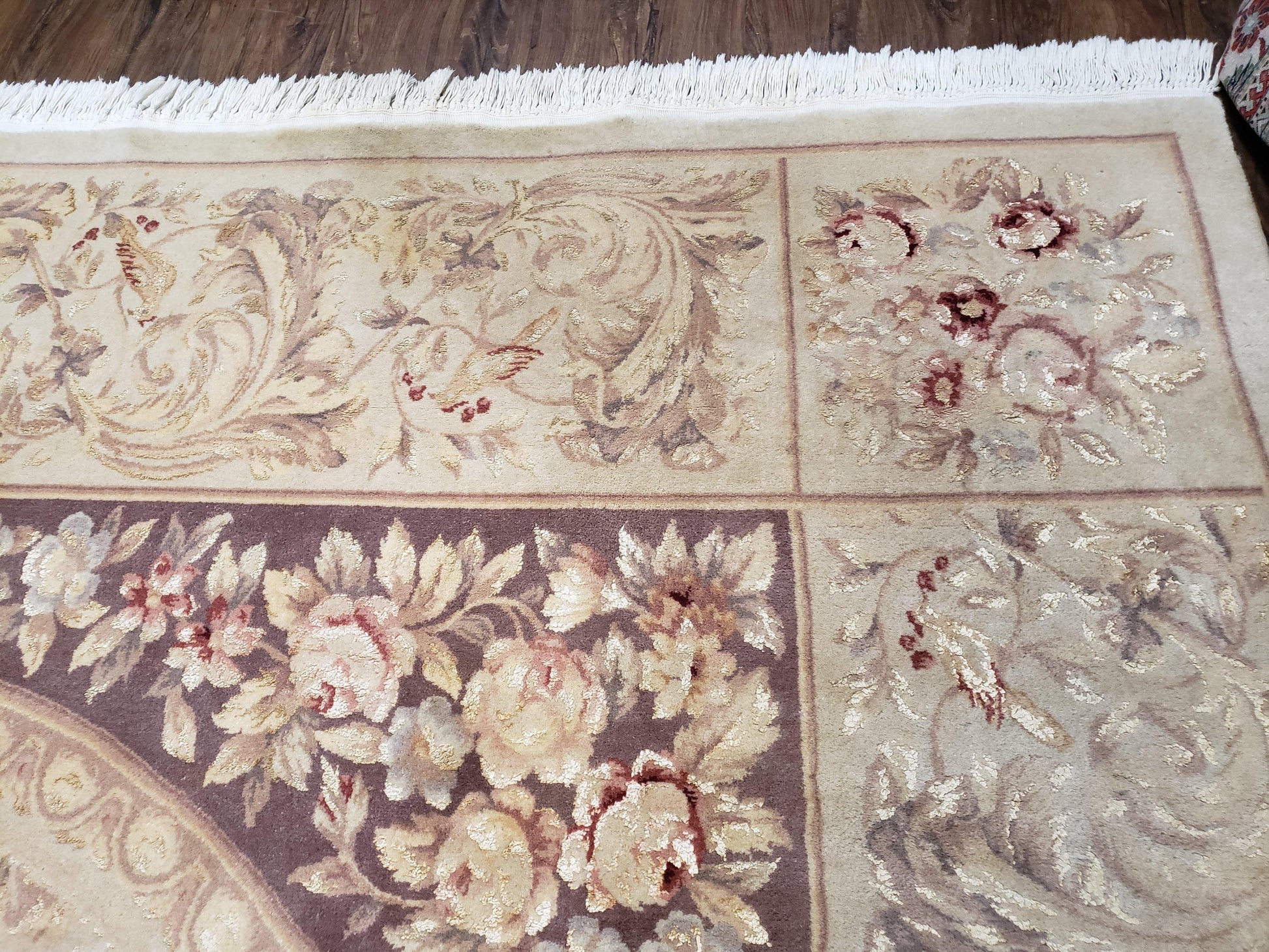 Chinese Aubusson Savonnerie Area Rug 8x12, Vintage 120 Line Carpet, Wool and Silk Hand-Knotted, Birds Flowers Master Weaver Signature - Nuvé