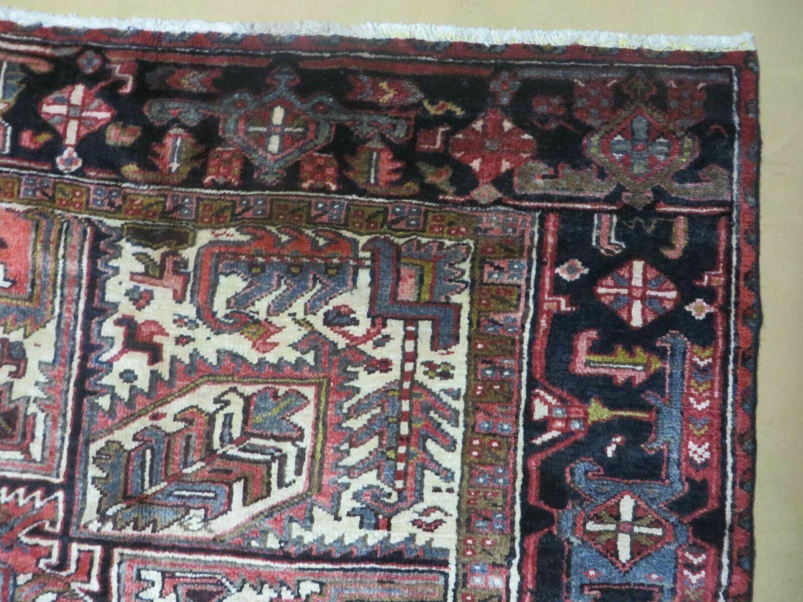 Persian Heriz Rug 8x12 Semi Antique Heriz Carpet, Room Sized Persian Carpet, Geometric Medallion, Wool, Hand Knotted, Red Ivory Dark Blue - Nuvé