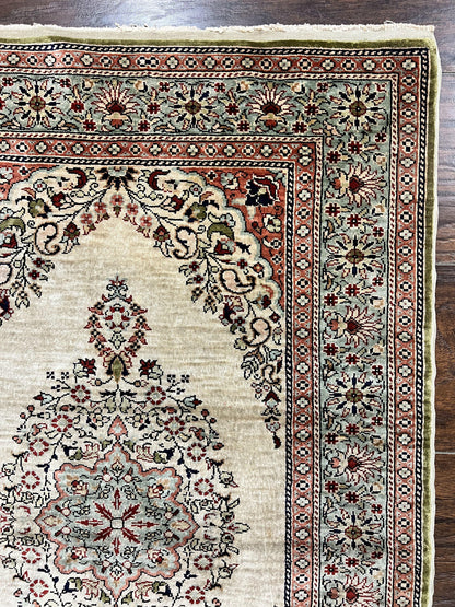 Silk Turkish Kayseri Rug 2x3, Very Finely Hand Knotted, Semi Open Field, Vintage, Silk Pile on Silk Foundation, 300 KPSI - Nuvé