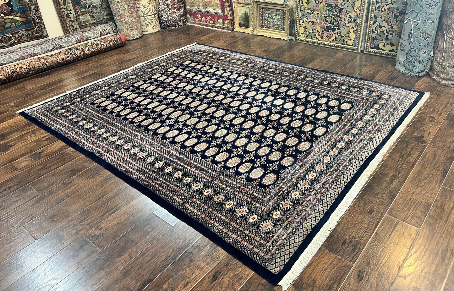 Pakistani Bokhara Rug 8x10, Turkoman Carpet, Dark Blue and Beige, Vintage Handmade Wool Carpet - Nuvé