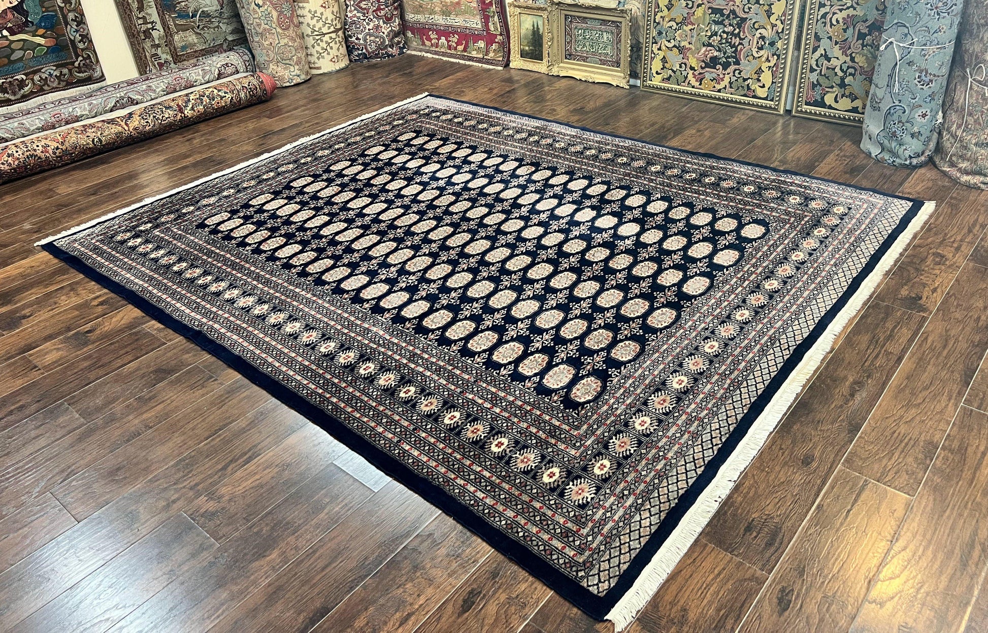 Pakistani Bokhara Rug 8x10, Turkoman Carpet, Dark Blue and Beige, Vintage Handmade Wool Carpet - Nuvé