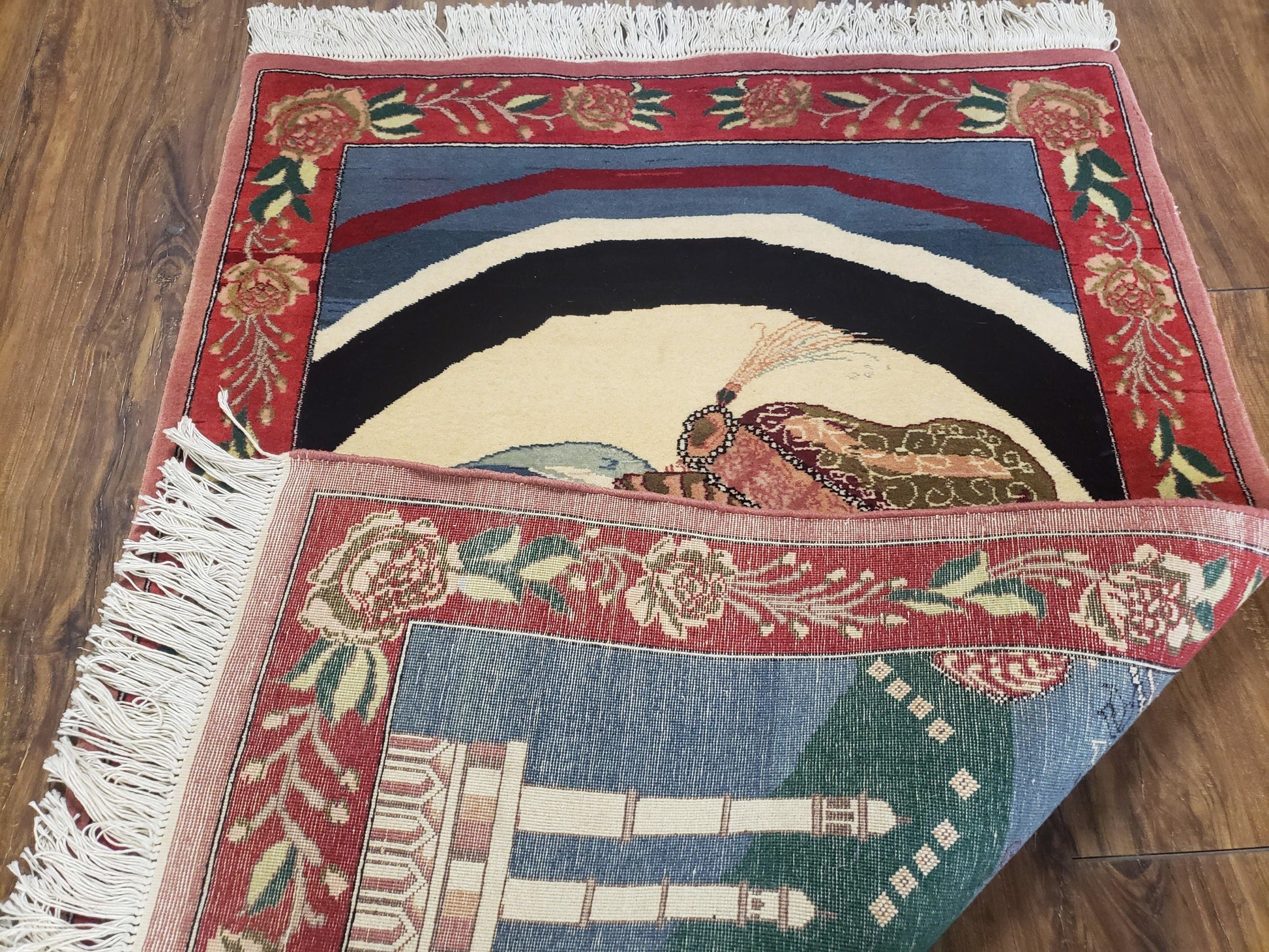 Vintage Small Pictorial Lovers Rug 2.5 x 4, Taj Mahal Indo Persian Rug, Wool Hand-Knotted Indian Rug, King & Queen, Layla and Majnun - Nuvé