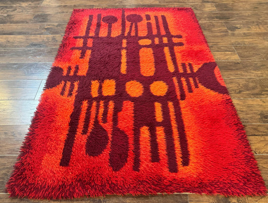Danish Rya Shag Rug 4x6, Red Vintage Mid Century Retro Abstract Shag Rug - Nuvé