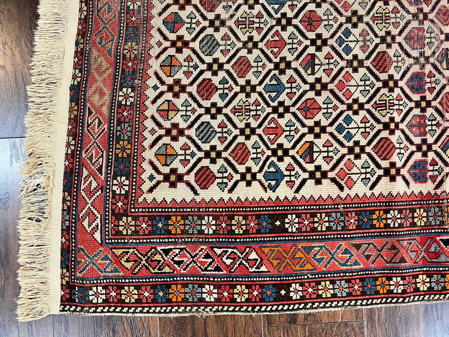 Antique Caucasian Rug 4x5, Hand Knotted Handmade Shirvan Oriental Carpet, Ivory Red Rug Allover Pattern, Rare Wool Rug, Tribal Geometric Rug - Nuvé
