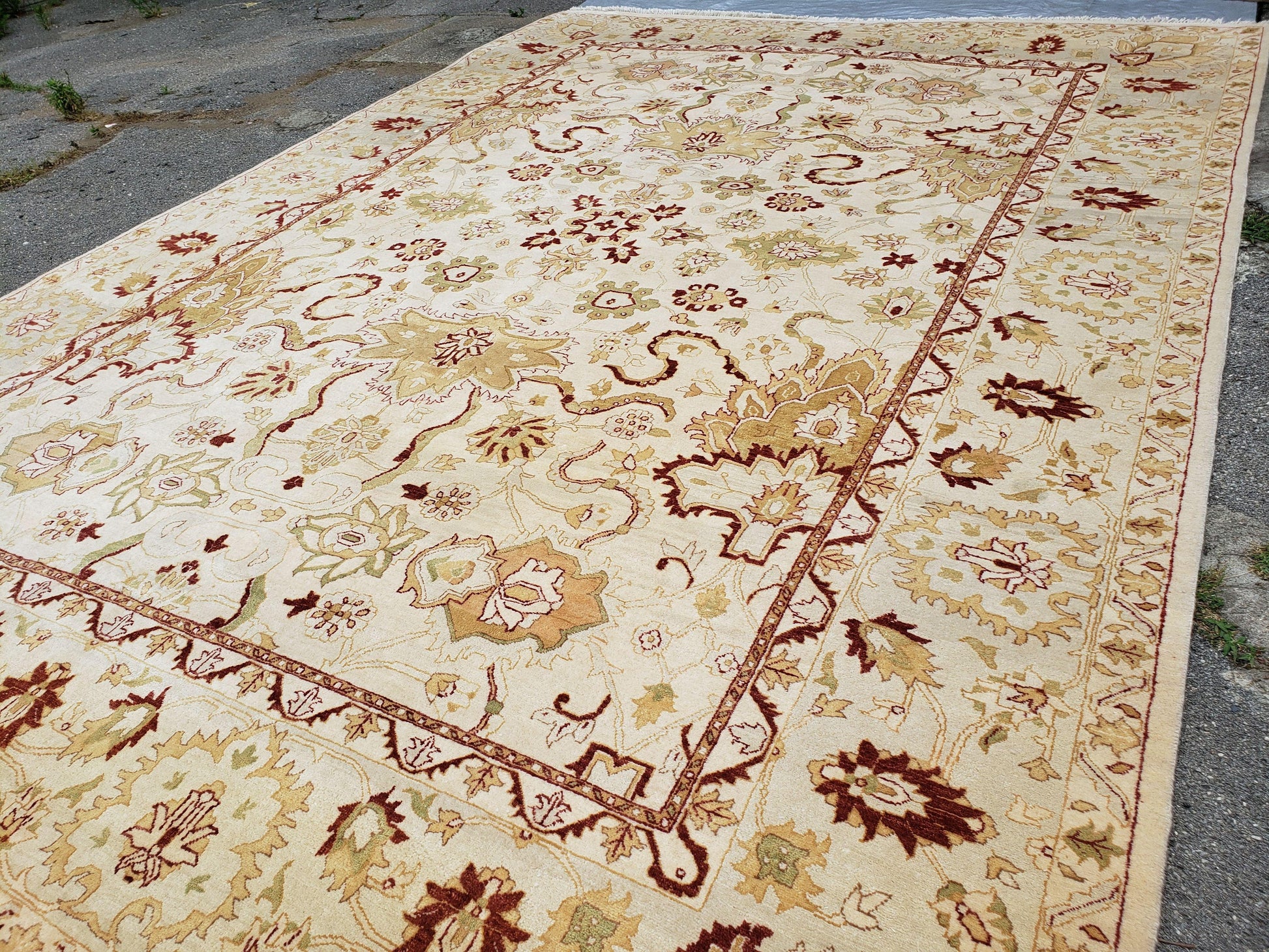 Vintage Oushak Area Rug, Hand-Knotted, Wool, Cream Beige Maroon, 10x15 Rug, 10x14 Rug, Large Oriental Carpet - Nuvé