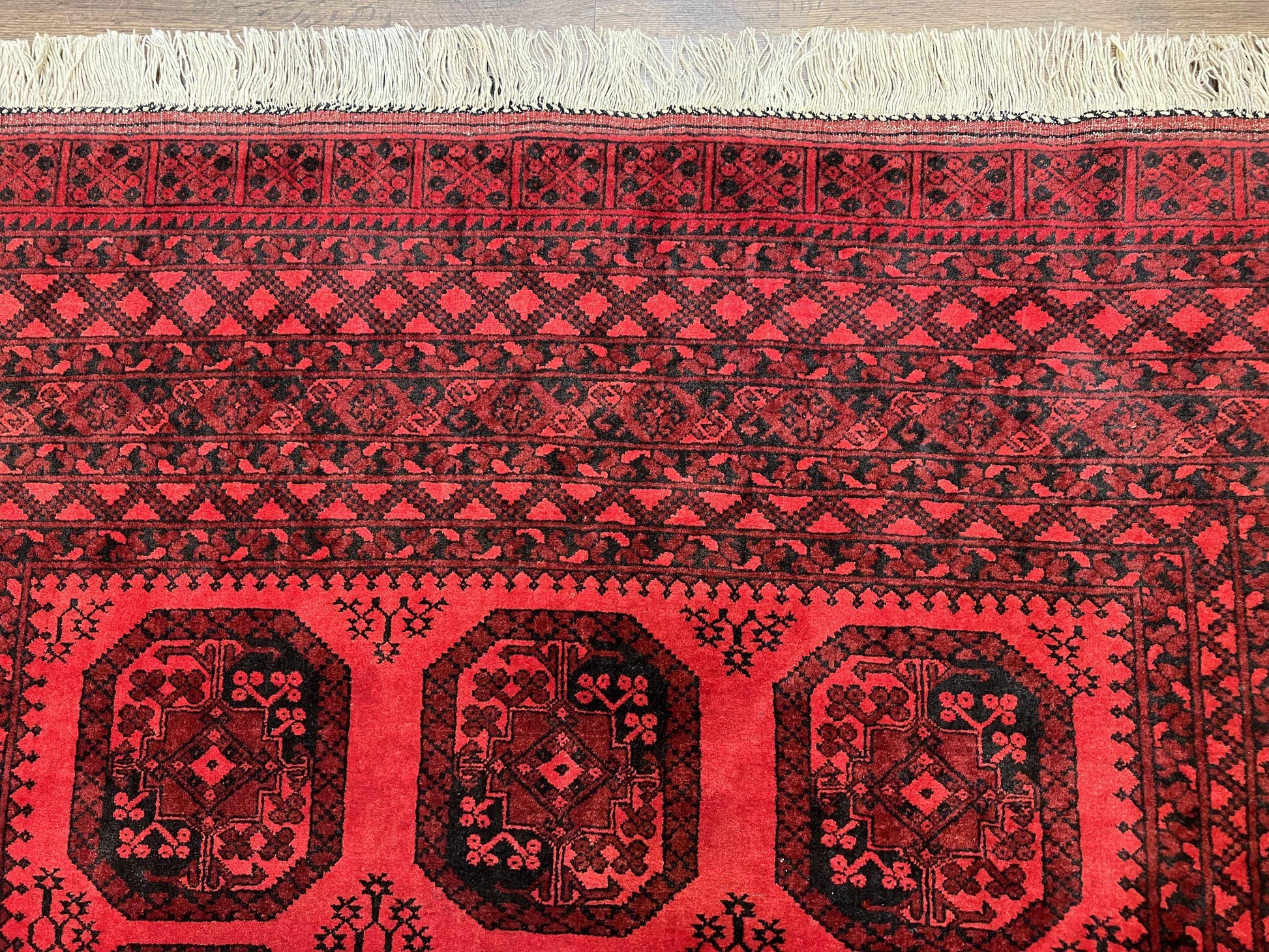 Afghan Turkoman Rug 7x10, Vintage Yamud Beshir Bokhara Carpet, Red and Black Bukhara Hand-Knotted Oriental Wool Handmade Rug, Elephant Foot - Nuvé