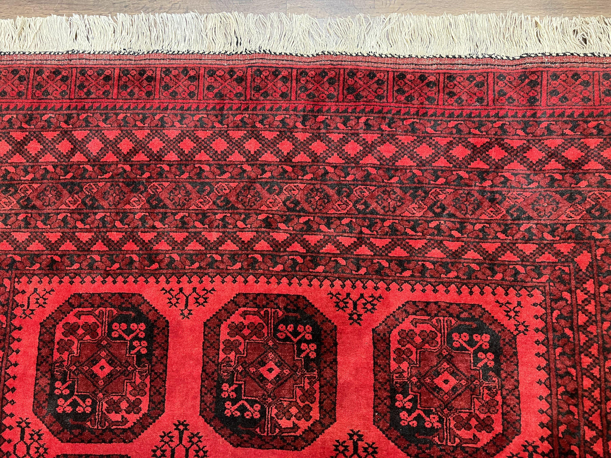 Afghan Turkoman Rug 7x10, Vintage Yamud Beshir Bokhara Carpet, Red and Black Bukhara Hand-Knotted Oriental Wool Handmade Rug, Elephant Foot