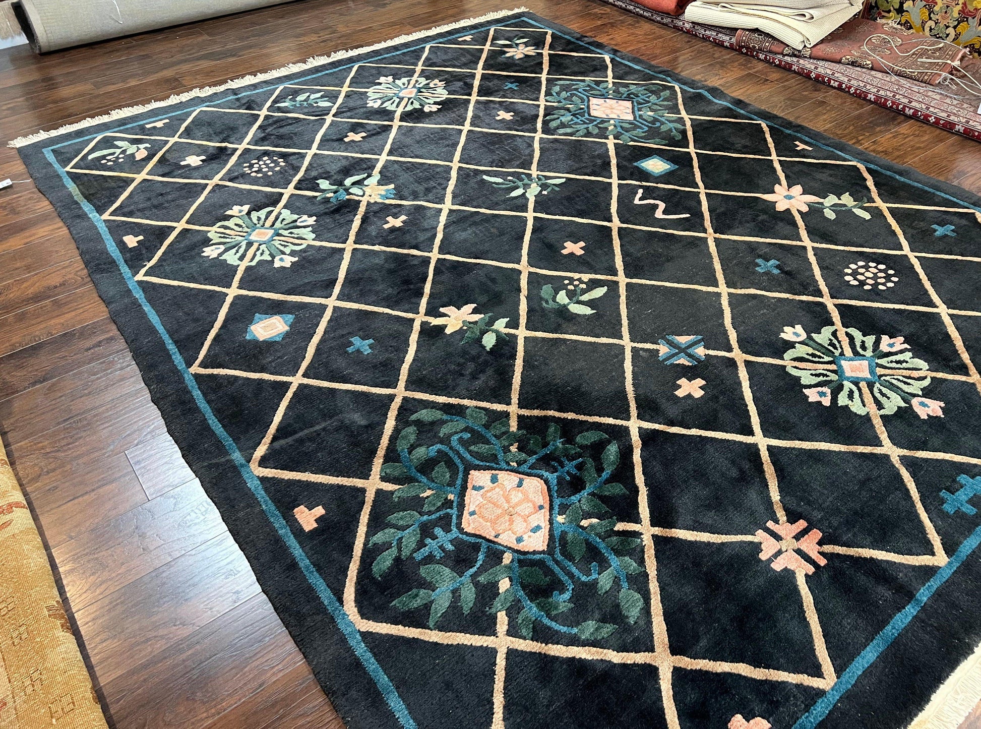 Tibetan Rug 9x12, Hand Knotted Tibet Nepali Contemporary Carpet 9 x 12 ft, Black and Tan, Handmade Area Rug Room Sized, Nepalese Rug - Nuvé
