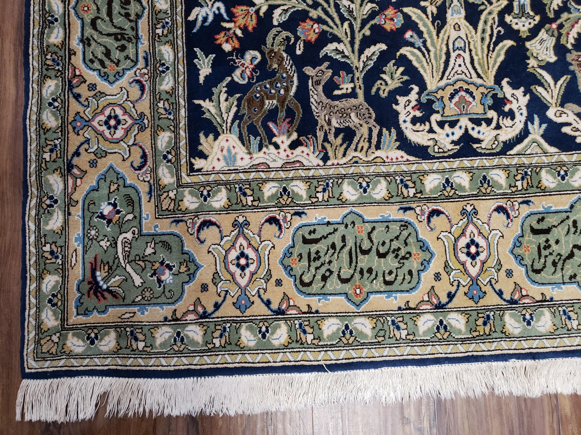 Semi Antique Persian Qum Tree of Life Rug, Hand-Knotted, Wool, Midnight Blue and Tan, Animal Pictorials, Written Poem in Borders, 4' 8" x 7' 8" - Nuvé