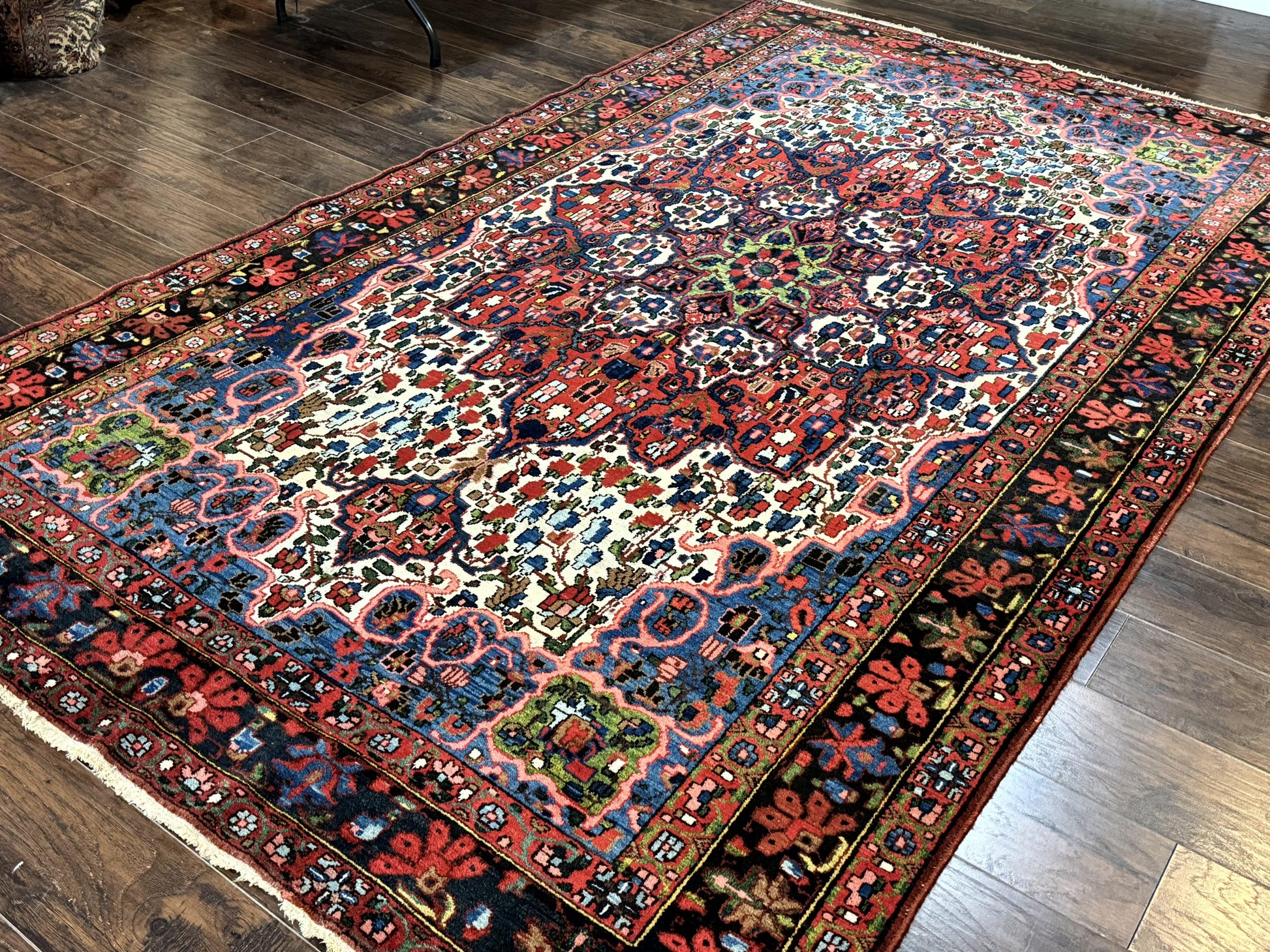 Persian Bakhtiari Rug 7x10, Antique Persian Carpet, Colorful, Great Colors, Ivory Red Blue, Rare Tribal Rug - Nuvé
