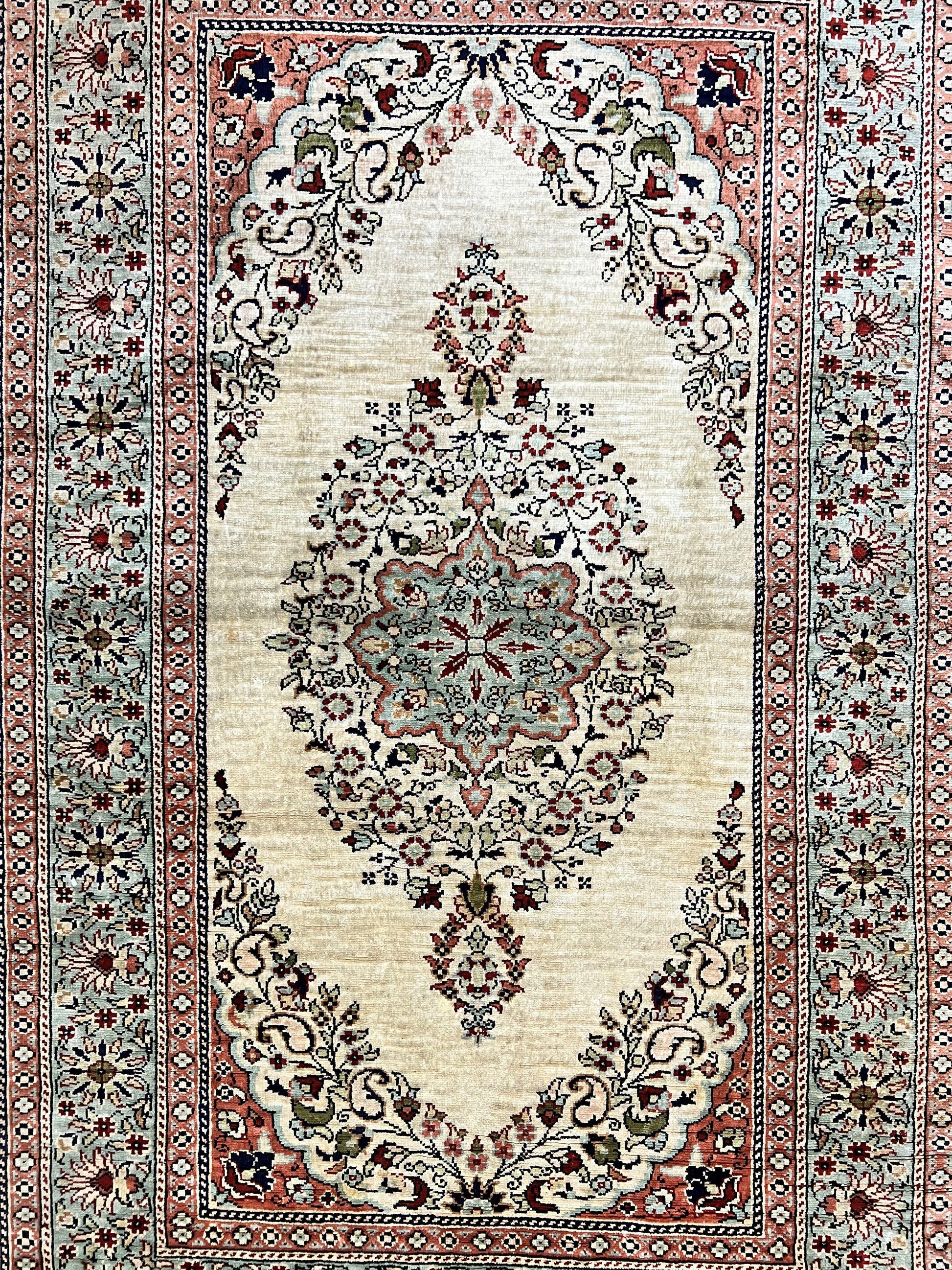 Silk Turkish Kayseri Rug 2x3, Very Finely Hand Knotted, Semi Open Field, Vintage, Silk Pile on Silk Foundation, 300 KPSI - Nuvé