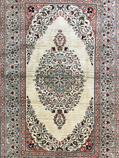 Silk Turkish Kayseri Rug 2x3, Very Finely Hand Knotted, Semi Open Field, Vintage, Silk Pile on Silk Foundation, 300 KPSI - Nuvé