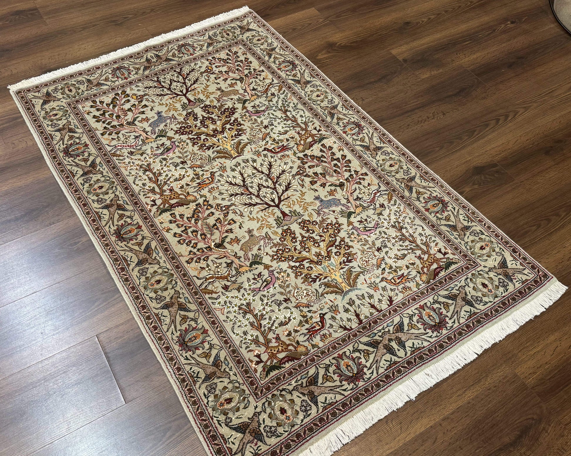 Wonderful Persian Tabriz Rug 3x5, Tree of Life, Animal Pictorials, Birds, Wool & Silk Highlights, Fine 330 KPSI - Nuvé