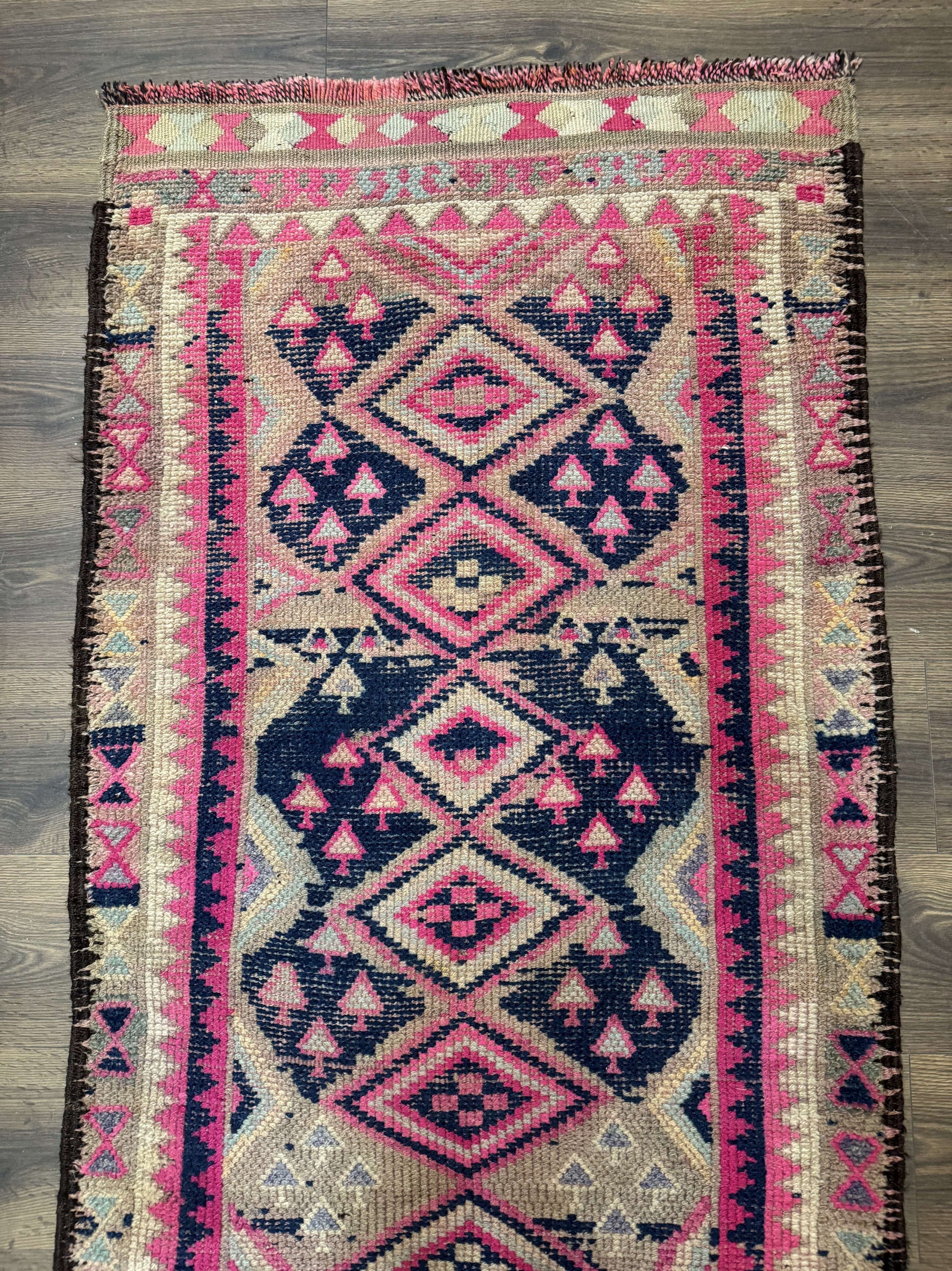 Turkish Runner Rug 3x10, Pink and Navy Blue, Bohemian Runner for Hallway or Kitchen, Vintage, Geometric, Tribal - Nuvé