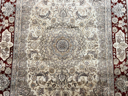 Silk Indian Kashmiri Rug 4x6 ft, Floral Medallion Hand Knotted Handmade Oriental Carpet, Vintage, Cream Burgundy, Very Fine Silk Rug 4 x 6 - Nuvé