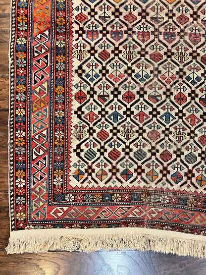 Antique Caucasian Rug 4x5, Hand Knotted Handmade Shirvan Oriental Carpet, Ivory Red Rug Allover Pattern, Rare Wool Rug, Tribal Geometric Rug