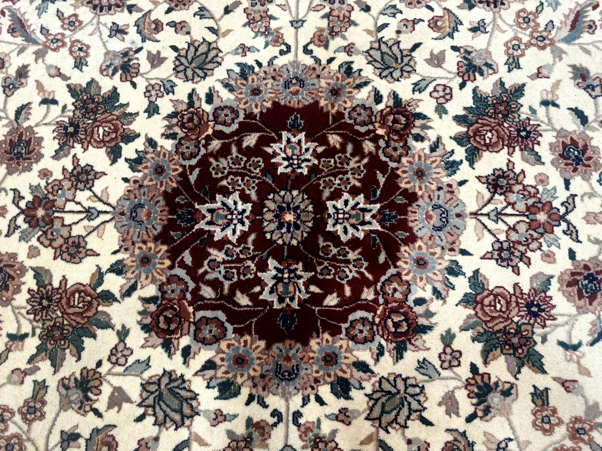 Round Sino Persian Rug 8x8, Wool and Silk, Floral Medallion, Ivory Dark Red - Nuvé