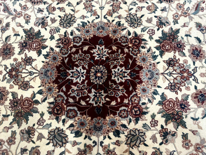 Round Sino Persian Rug 8x8, Wool and Silk, Floral Medallion, Ivory Dark Red - Nuvé